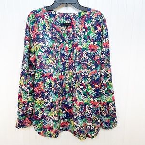 Talbots Navy Blue & Multicolor Spring Floral Smocked Half Button Long Sleeve Top